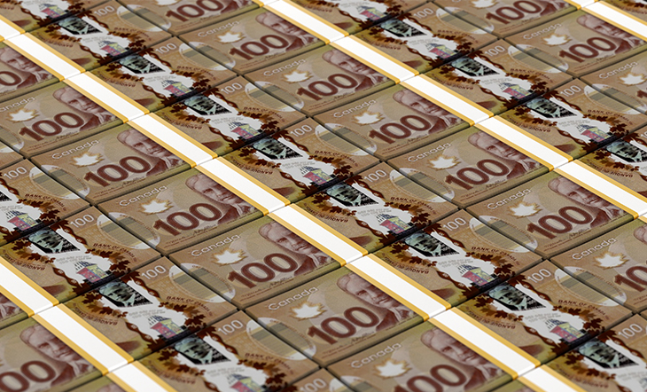 Piles de billets de banque de 100 $ CA.