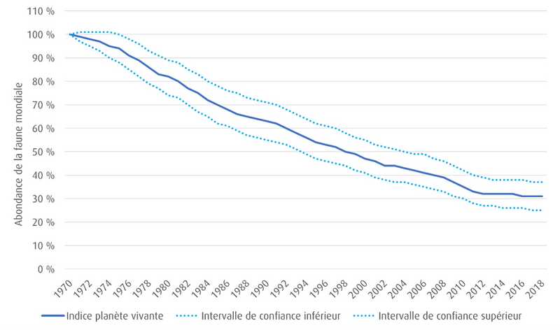 Graphique linéaire illustrant le déclin des populations d’espèces