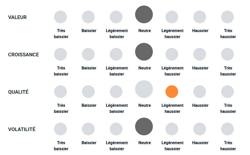 Un diagramme illustrant la façon dont l’équipe de gestion de portefeuille est haussière ou baissière envers différents styles d’investissement factoriel