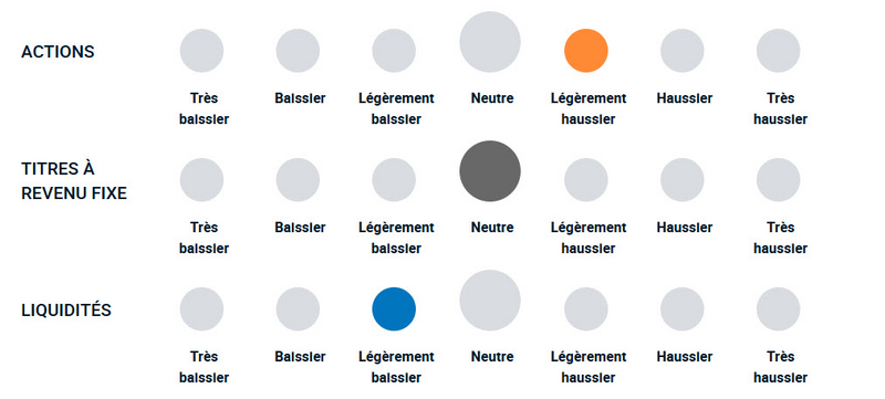 Un diagramme illustrant la position haussière ou baissière de l’équipe de gestion du portefeuille vis-à-vis des différentes classes d’actifs