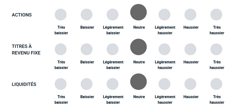 Un diagramme illustrant la position haussière ou baissière de l’équipe de gestion du portefeuille vis-à-vis des différentes classes d’actifs