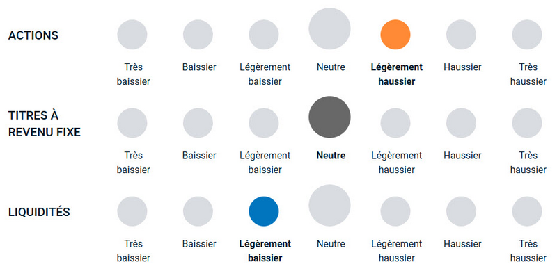 Un diagramme illustrant la position haussière ou baissière de l’équipe de gestion du portefeuille vis-à-vis des différentes classes d’actifs