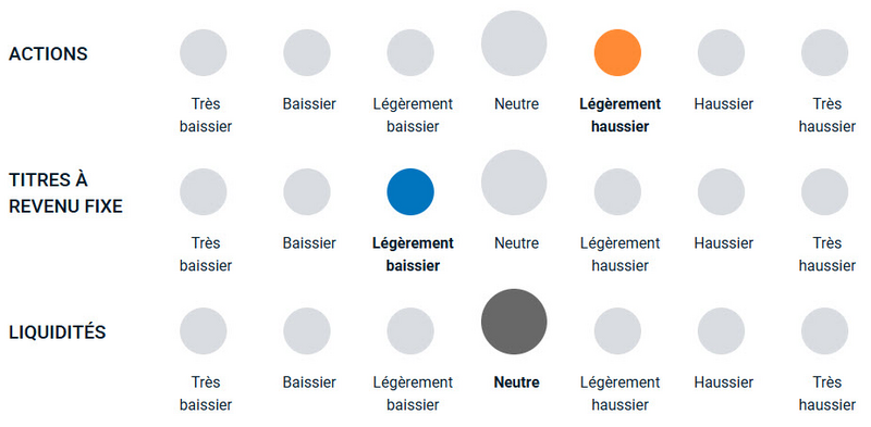 Un diagramme illustrant la position haussière ou baissière de l’équipe de gestion du portefeuille vis-à-vis des différentes classes d’actifs