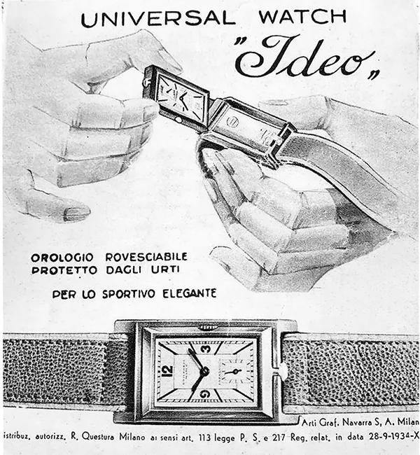 Une publicité imprimée en noir et blanc pour la montre Ideo d’Universal Genève datant d’environ 1933.