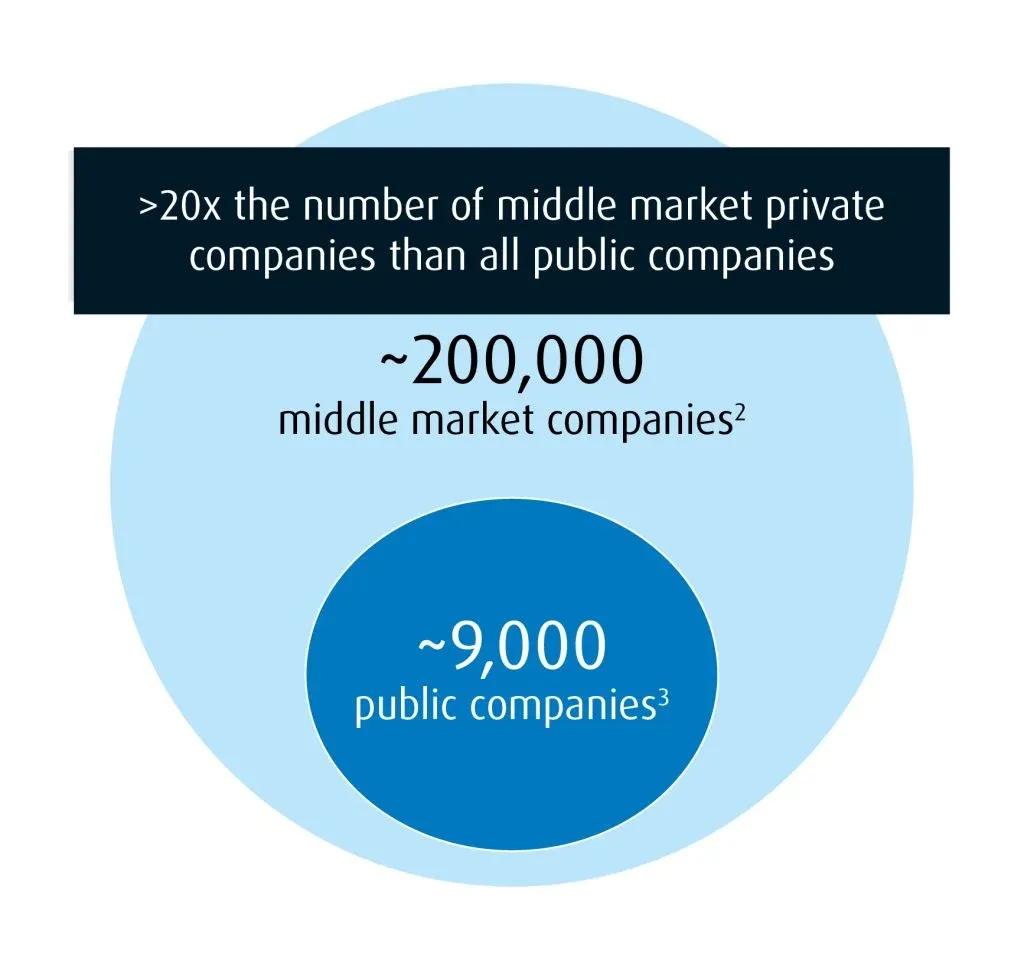 Diagram illustrating that there are 20x as many middle market private companies than public companies