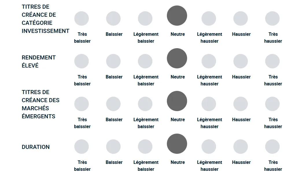 Un diagramme illustrant la façon dont l’équipe de gestion de portefeuille est haussière ou baissière à l’égard des différents types de dette.