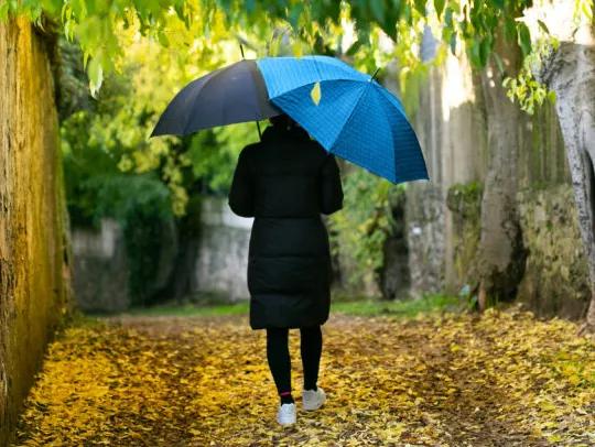 person holding two different color umbrellas