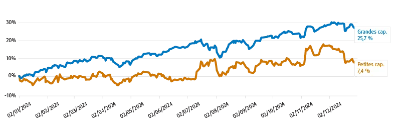 Graphique linéaire montrant la croissance des actions américaines à grande et à petite capitalisation en 2024, où les actions américaines à grande capitalisation ont progressé de 27,7 % et les titres de valeur, de 14,1 %.