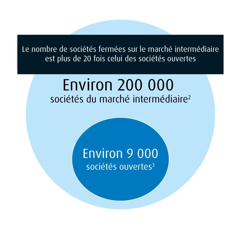 Diagramme illustrant qu’il y a 20 fois plus d’entreprises privées de marché intermédiaire que d’entreprises publiques