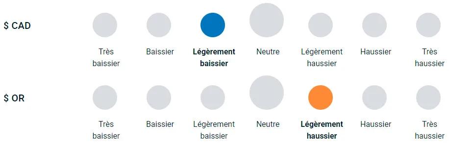 Diagramme illustrant la position haussière ou baissière de l’équipe sur l’or et les devises