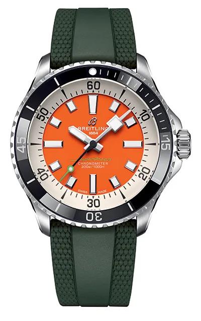 A picture of the orange Breitling Superocean Automatic 42 Kelly Slater watch.